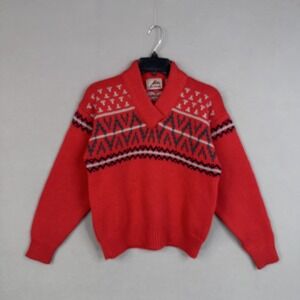 Vintage Donner Mountain Sweater Womens Large Red Wool Fair Isle Shawl Collar